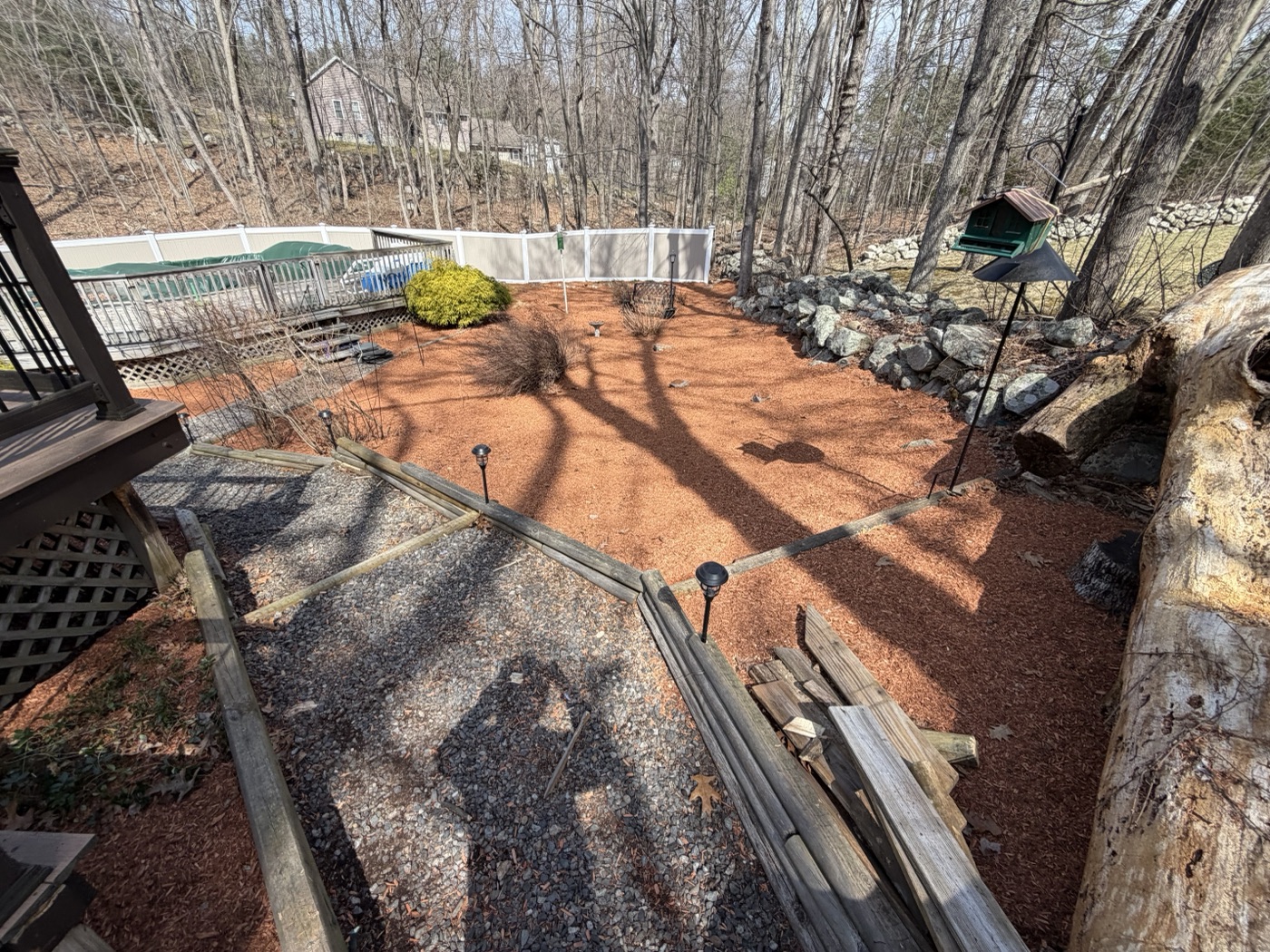 Aerial view of backyard with red mulch beds and professional landscaping — TB Lawn and Landscape